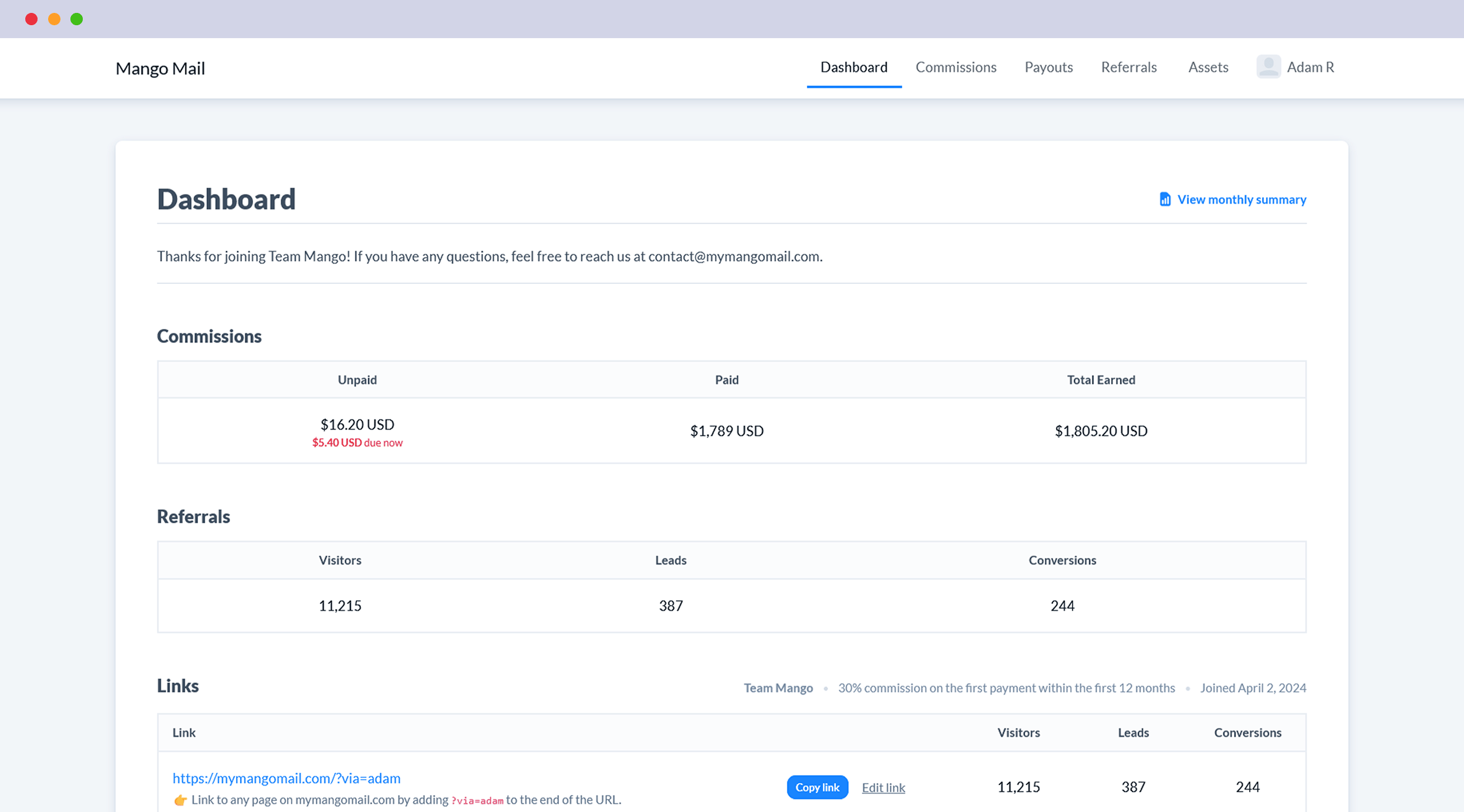 A screenshot of the Mango Mail Dashboard.